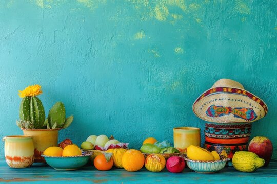Vibrant still life with tropical fruits and cactus