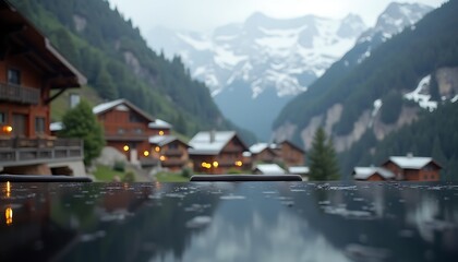 Fototapeta premium Mountain Village Reflecting in Water with Snowy Peaks