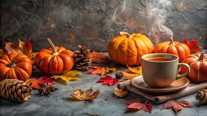 Aromatic Autumnal Beverage with Pumpkins and Fall Foliage