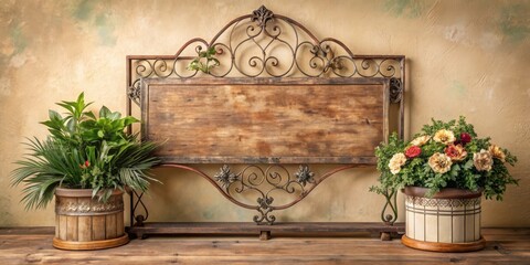 Rustic Wooden Sign with Ornate Metal Frame Flanked by Potted Plants on a Wooden Shelf