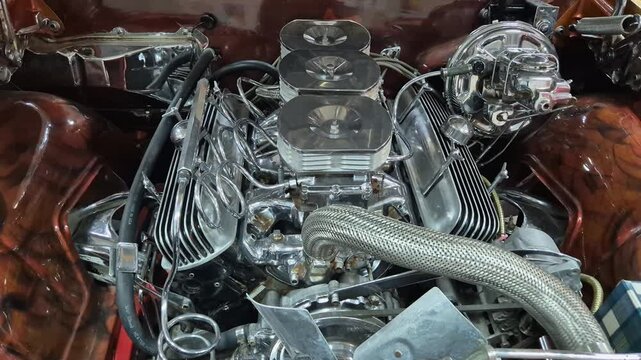 Old vintage engine of a presentable car from the 60s or 70s.