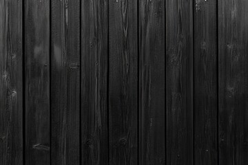 Fototapeta premium Close-up of dark, vertical wooden planks. The wood grain is visible. A dark, almost black, stain or paint covers the wood. Uniformly spaced planks create a textured background