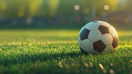 Fototapeta premium Soccer ball on green grass at sunset.
