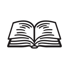 A simple open book illustration in black and white.