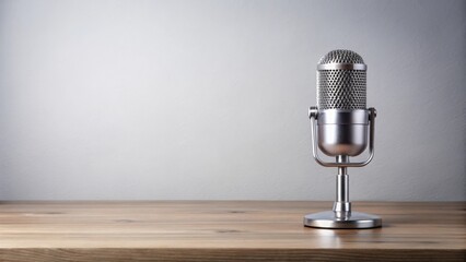 Retro Microphone on Wooden Table Against a Neutral Background A Still Life Image Ideal for Broadcasting, Podcast, or Communication Concepts