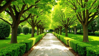 Fototapeta premium Mature trees, neatly trimmed hedges, stone pathway, summer, landscaping