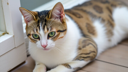 Obraz premium Close-up portrait of a cute domestic young tabby cat with striking eyes and soft fur
