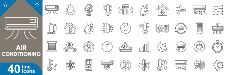 Air conditioning icons set. Modern cooling, heating, ventilation, thermostat, smart ac, remote control, energy efficient system, climate control symbols collection vector illustration.