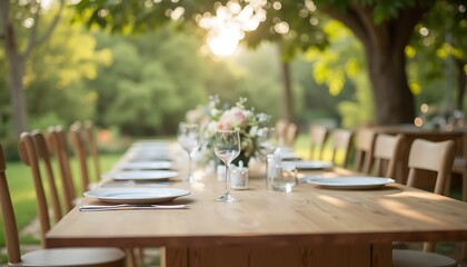 Obraz premium Setting Long Table Outdoors with Plates and Glasses for Event