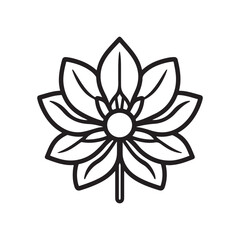 A stylized black-line illustration of a flower, reminiscent of a lotus or dahlia.