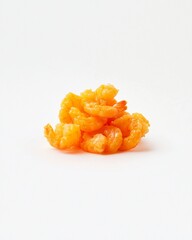 Close-up of a small pile of cooked, orange shrimp on a white background.