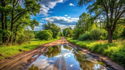 Serene Country Road Reflecting a Sunny Sky in a Puddle of Tranquility