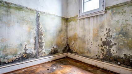 Severe Water Damage in a Corner Room Showing Extensive Mold Growth and Discoloration