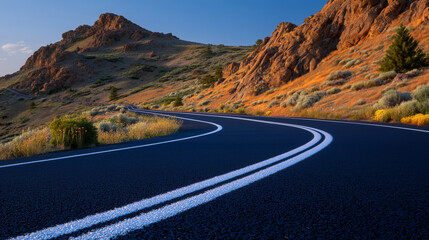 High-resolution shot of a newly constructed road winding through a rural landscape, smooth dark surface and sharp white paint lines gleaming under soft daylight.