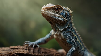 Obraz premium Close-up of a young lizard, perched on a log, with vibrant colors and a curious gaze