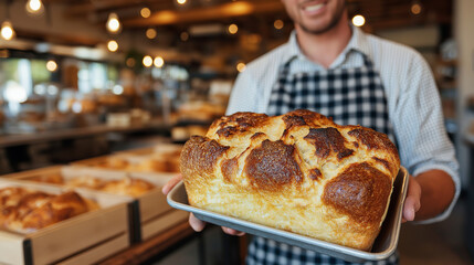 Golden artisan bread fresh from the oven, steam curling in the air, held proudly by a baker in a checkered apron. Warm light bathes the bakery countertop and wooden trays behind.