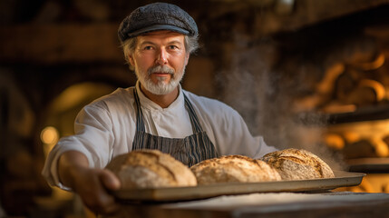 Focused moment of a baker sliding a tray of hot crusty loaves from a vintage oven, steam billowing up. The bakery is cozy and filled with the aroma of fresh bread.