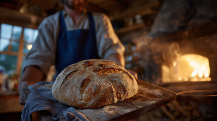 Aromatic cloud of steam escapes as a baker slides a rustic sourdough loaf from a cast-iron oven. The kitchen ambiance glows with heat and craft.