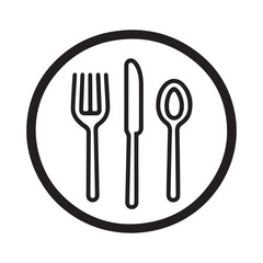 A simple illustration of a fork, knife, and spoon inside a circle.