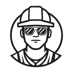 A construction worker wearing a hard hat and sunglasses, illustrated in a black and white line art style.