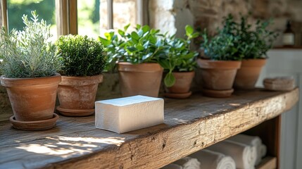 Fototapeta premium Rustic windowsill with potted herbs, soap, and towels.