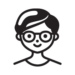 A smiling person wearing glasses, illustrated in a simple black and white style.