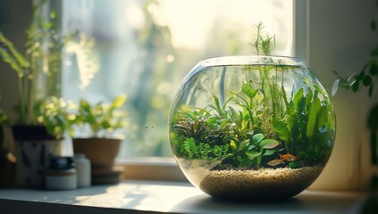 Sunlit goldfish bowl aquarium with aquatic plants on windowsill.