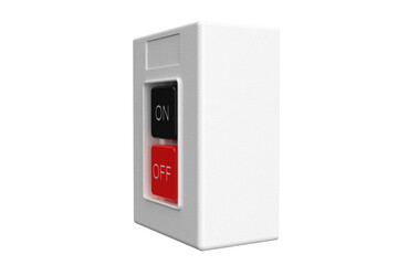 a white industrial control box with prominent black ON and red OFF push buttons. This modern switch is commonly used for machinery, power control, or automation system on a PNG Transparent Background
