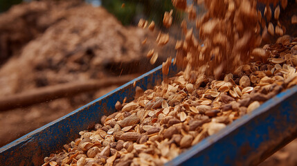 Obraz premium Detailed macro shot of raw groundnuts moving on a conveyor belt, shells showing natural brown hues and rough texture, background filled with piles of harvested peanuts.