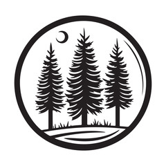 Obraz premium A black and white illustration of three pine trees under a crescent moon, set in a circular frame.