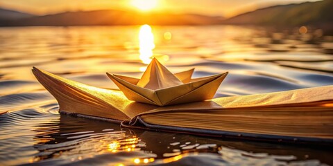 Golden Hour Voyage A Paper Boat Atop an Open Book Floating Serenely on Calm Water at Sunset