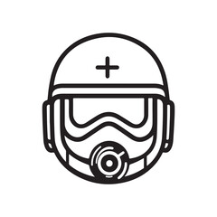 A medical helmet illustration in a minimalist black and white line art style.