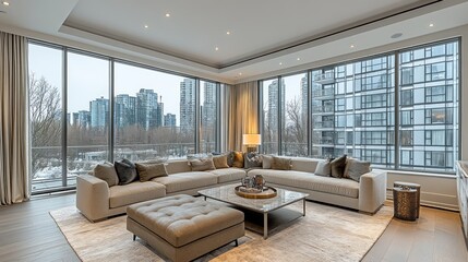 Modern living room with city view, sectional sofa, large windows, and hardwood floors.