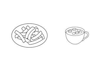 Monochrome illustration of french fries and soup in a cup representing food and beverage.