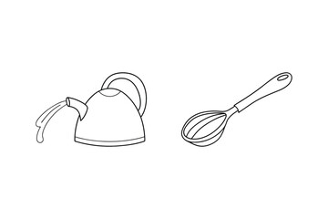 Black and white line art illustration of a teapot pouring water and a whisk