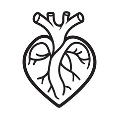 A stylized heart illustration with internal anatomy, in black and white.