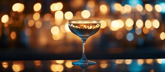 A coupe glass of champagne sits on a bar counter, illuminated by warm bokeh lights.