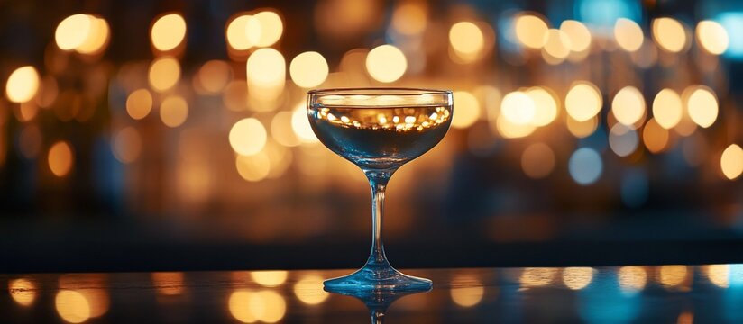 A coupe glass of champagne sits on a bar counter, illuminated by warm bokeh lights.