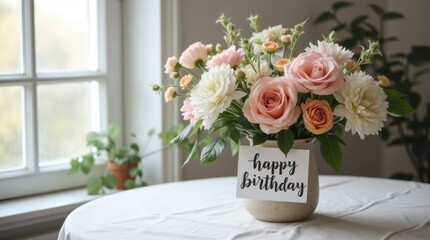 Obraz premium Pastel Birthday Bouquet Roses, Lisianthus & Billy Balls