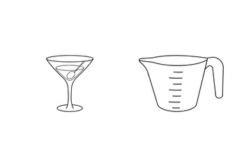 Minimalist illustration of martini cocktail with olive and measuring jug on white background