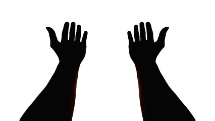 The silhouette of a pair of hands raised above the head as a sign of pleading or asking for help and the raised hands also give the appearance of appealing to God or asking for a blessing from God.