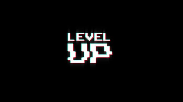level up animation of looped text with glitch effect on green black background. 8 bit video game screen saver. up level