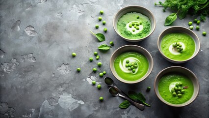 Creamy Green Pea Soup in Elegant Bowls, Garnished with Fresh Peas and Herbs, Served on a Textured Surface