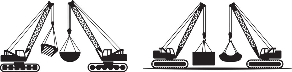 Cranes with Excavation Buckets Icons Set, Representing Heavy Machinery and Construction