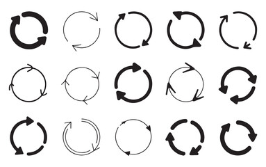 Set of Black Circular Arrows, Featuring Different Versions of Rotating Arrows in a Circular Motion. Ideal for Conceptual, Recycling, and Refreshing Themes in Graphic and Web Design.