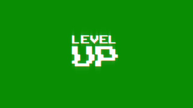 level up animation of looped text with glitch effect on green black background. 8 bit video game screen saver. up level