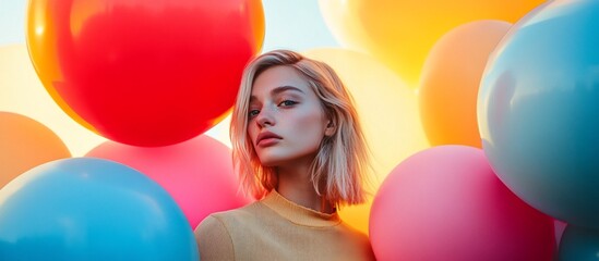 Obraz premium Blonde woman surrounded by colorful balloons.