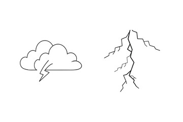 Simple black and white illustrations of thunderclouds and lightning bolts on white backgrounds