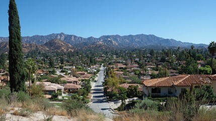 High angle view of a residential street nestled in a valley.