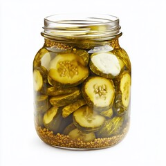 Glass jar filled with sliced pickled cucumbers in brine.
